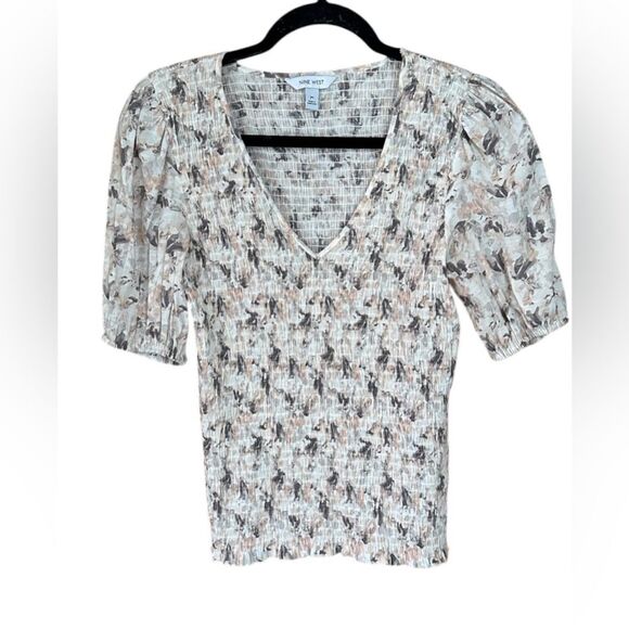 Nine West Womens Smocked Balloon 1/2 Sleeve V Neck Blouse Top Grey Floral Medium - Picture 2 of 8